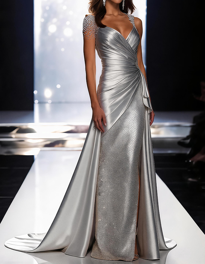 Silver Grey Deep V-Neck Draped Satin Metallic Mermaid Maxi Dress