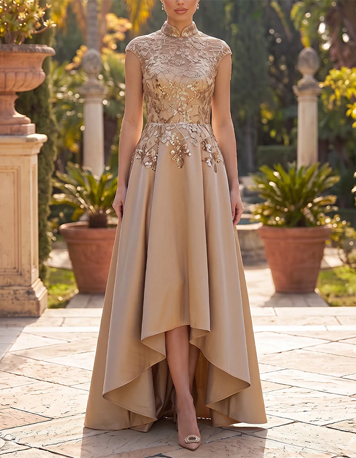 Champagne Gold High Neck Sleeveless Floral Lace Satin High-Low Formal Dress