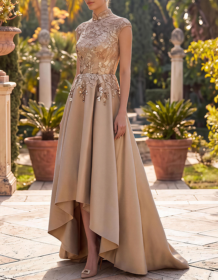 Robe de soirée formelle en satin champagne or, sans manches, col montant, en dentelle florale, avec ourlet asymétrique.