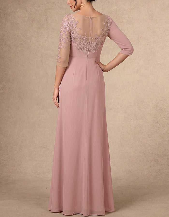 Roze Kant 3/4 Mouw Kruis Gerimpeld Hoge Split Chiffon A-Lijn Maxi Jurk