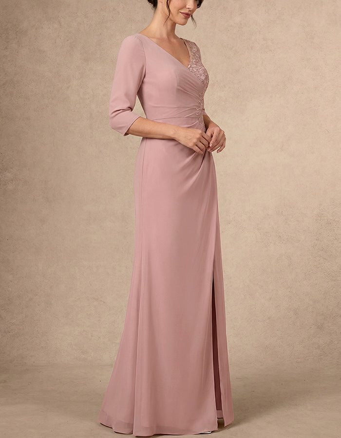 Roze Kant 3/4 Mouw Kruis Gerimpeld Hoge Split Chiffon A-Lijn Maxi Jurk