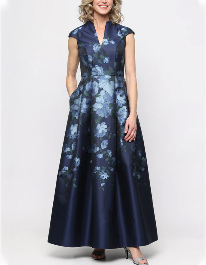 Vestido Maxi Azul Marinho em Cetim, Sem Mangas, Estilo A com Estampa Floral