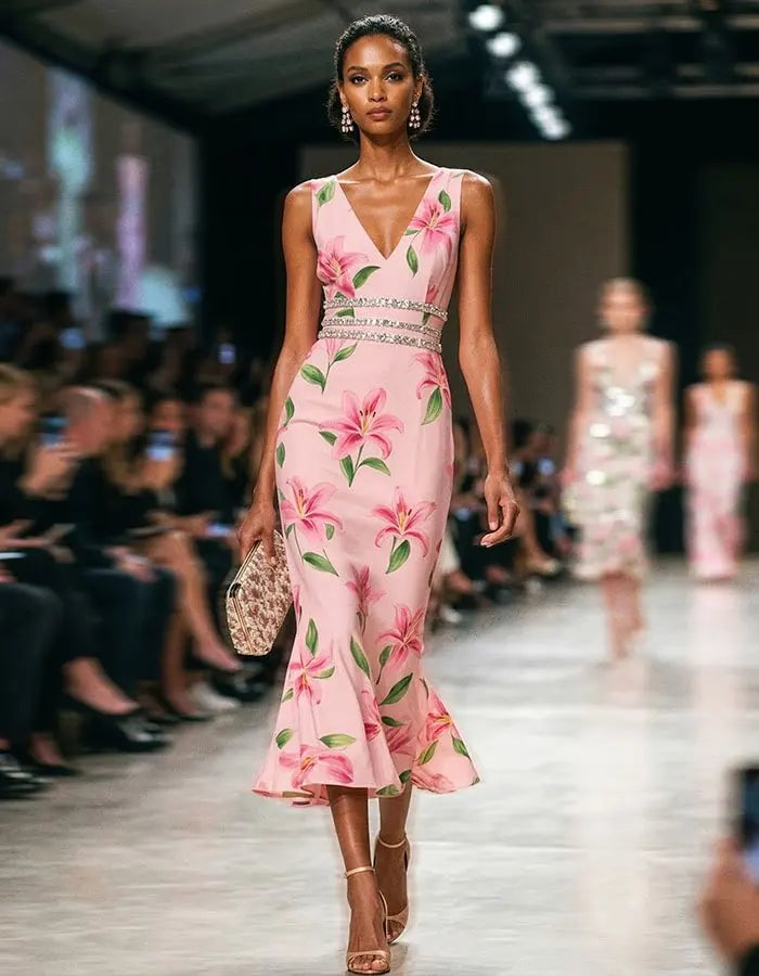 Charmantes rosa Midikleid mit Blumenmuster und Kristall-Taillendetail