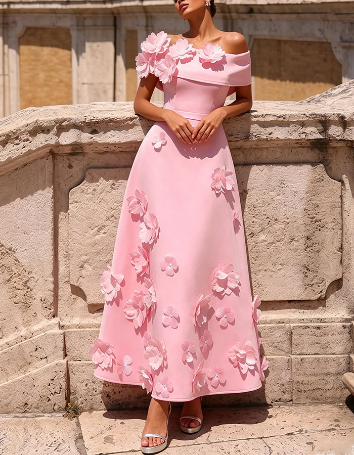 Vestido Maxi Rosa com Ombro Caído e Flores 3D Feitas à Mão