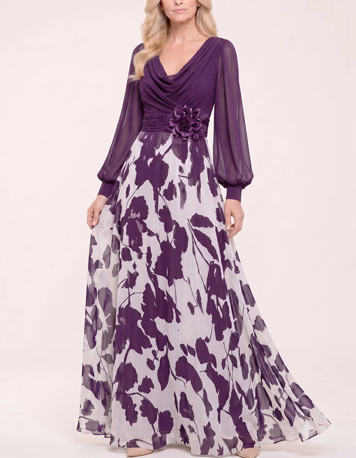 Vestido maxi com decote drapeado, mangas bufantes, cinto e estampa de flores e folhas 3D em chiffon  