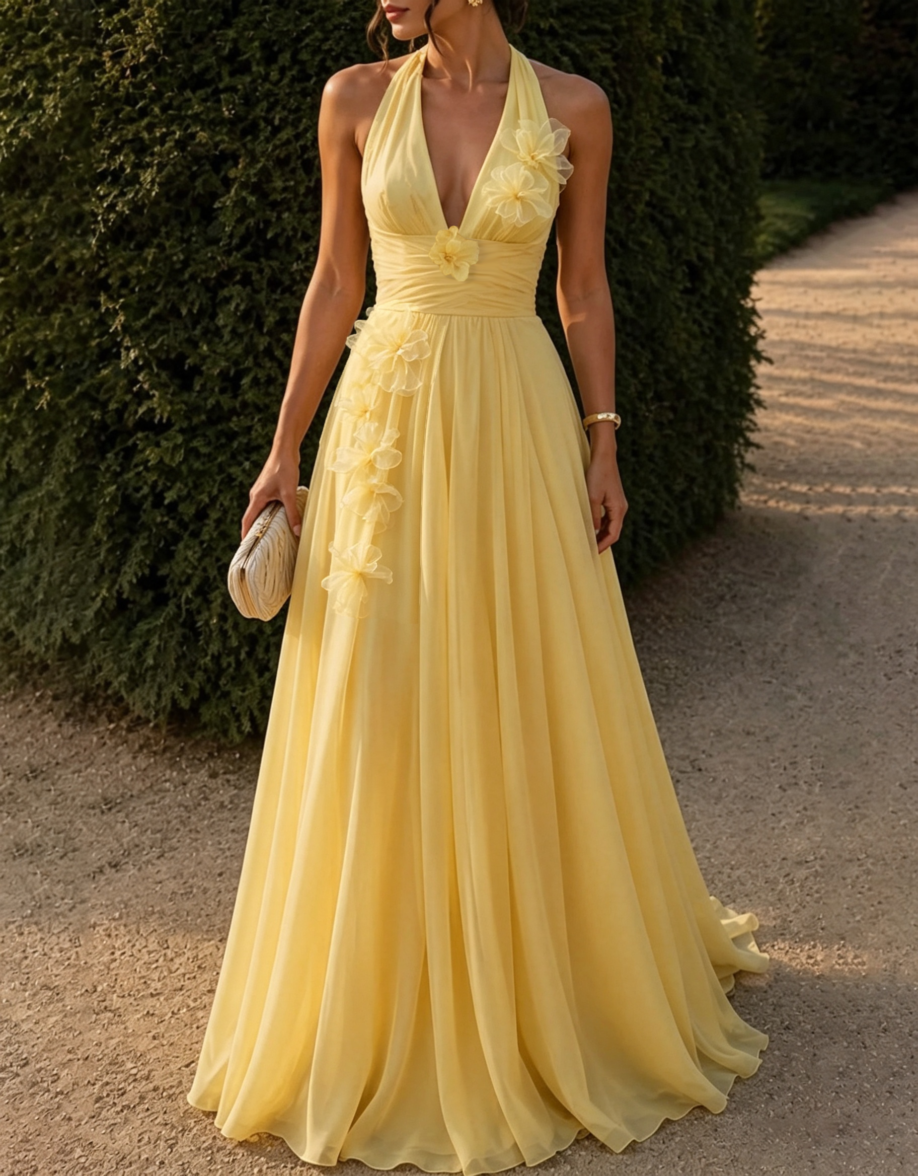 Blassgelbes Halter-Maxikleid mit 3D-Blumen, Chiffon, A-Linien-Schnitt, formelles Kleid