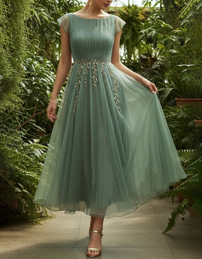 Sage Green Round Neck Beaded Leaf Tulle Midi Dress