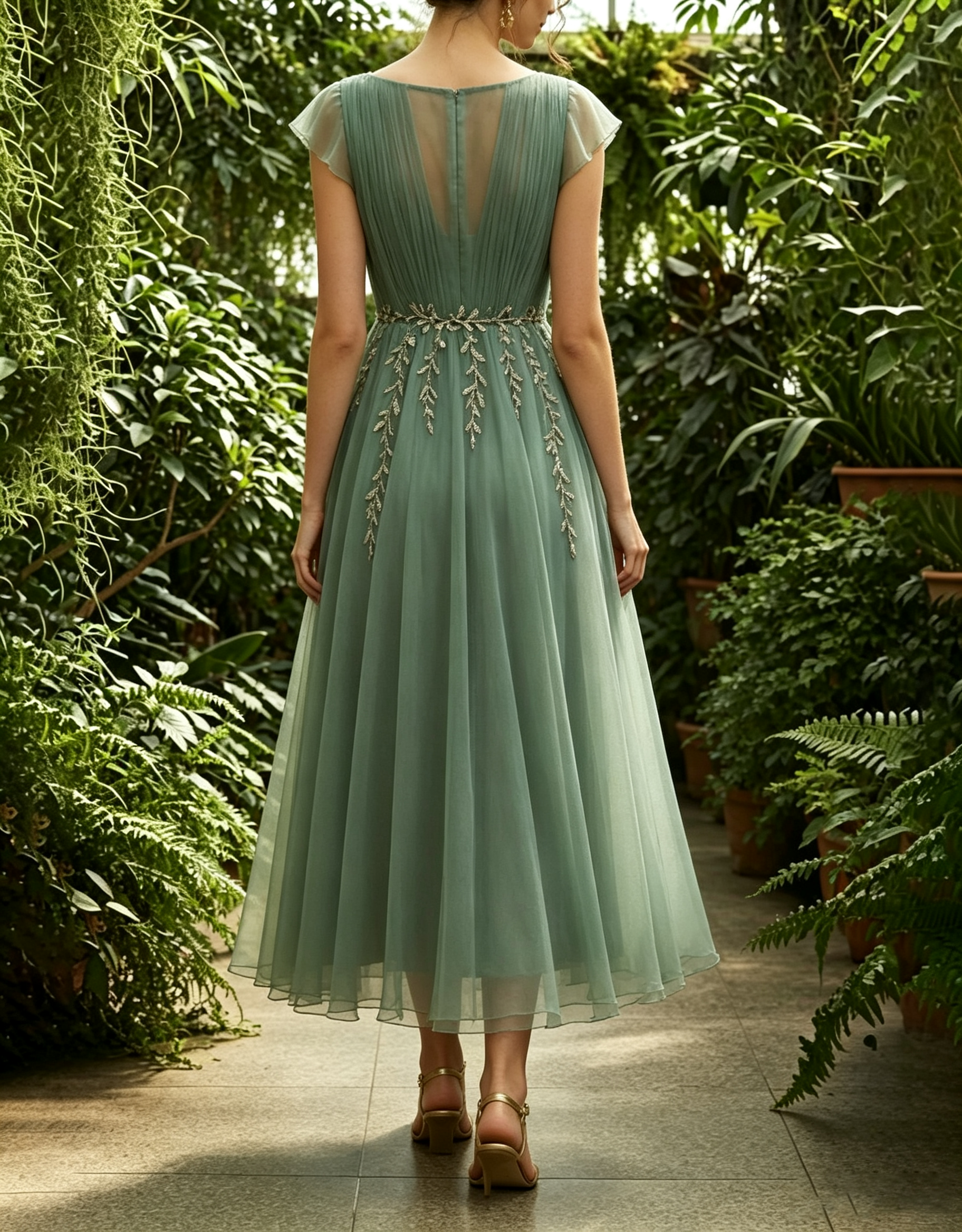 Vestido midi verde-sálvia com decote redondo, tule e folhas bordadas com contas