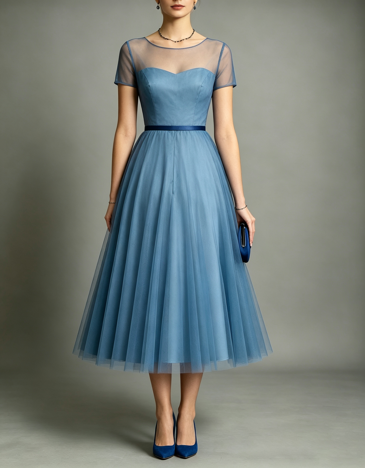 Dusty Blue Sheer Mesh Satin Round Neck Tulle Midi Formal Dress