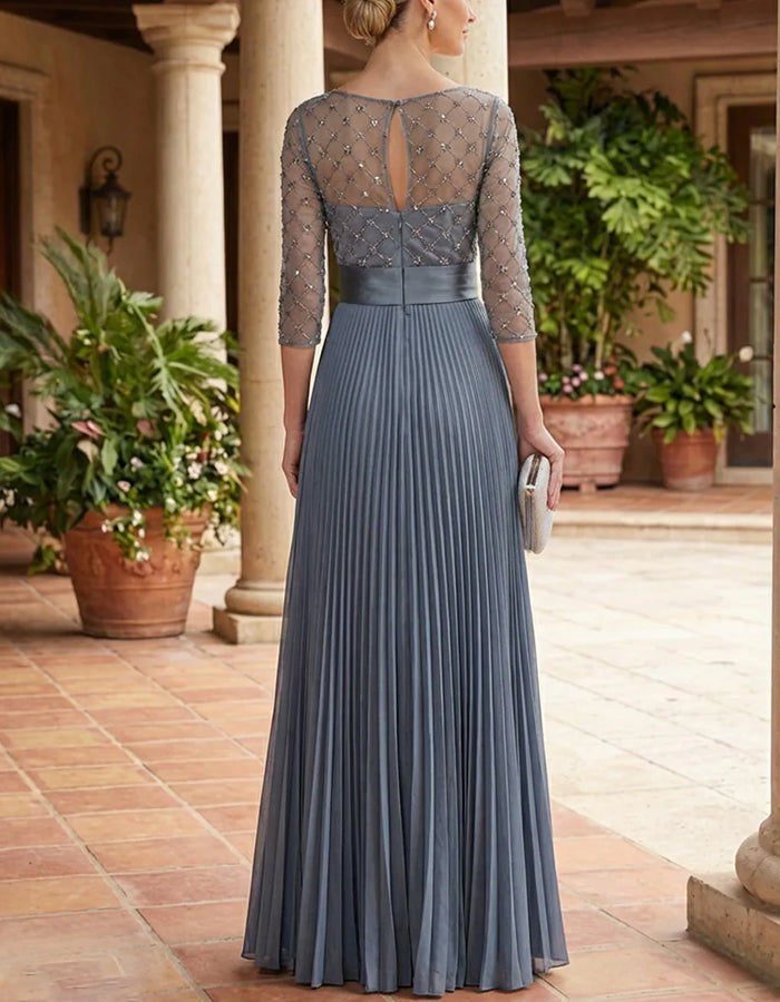 Vestido maxi cinzento com decote redondo, mangas 3/4, cintura larga em cetim e pregas em chiffon  