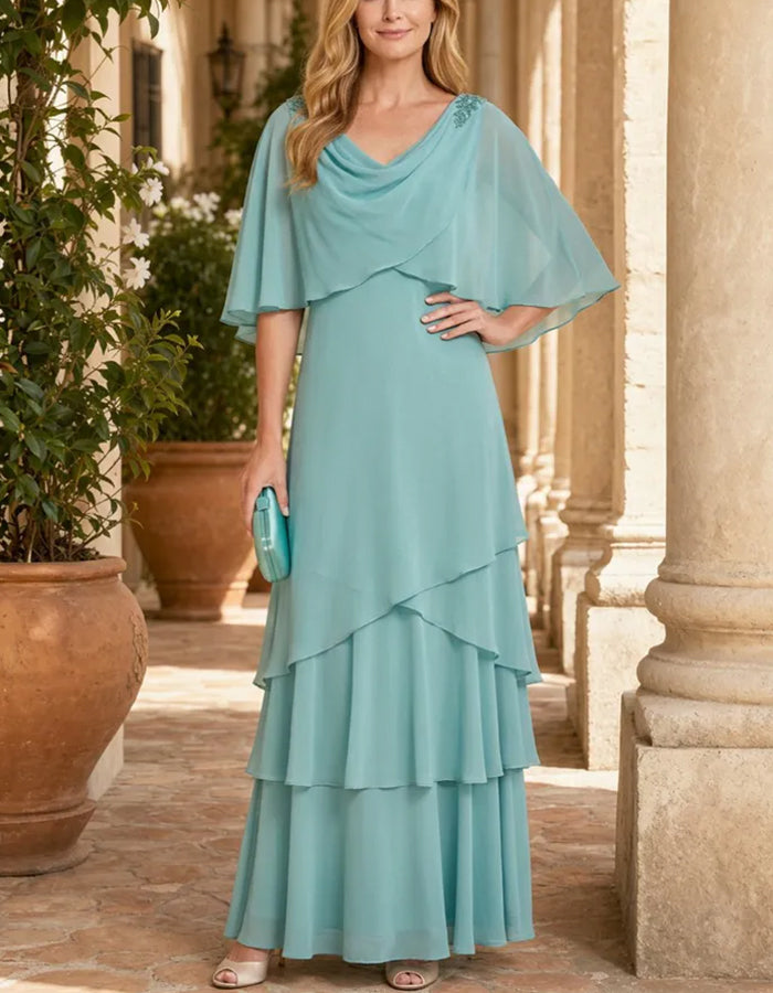 Cowl Neck Cape Flutter Sleeve Ruffle Chiffon Maxi Dress