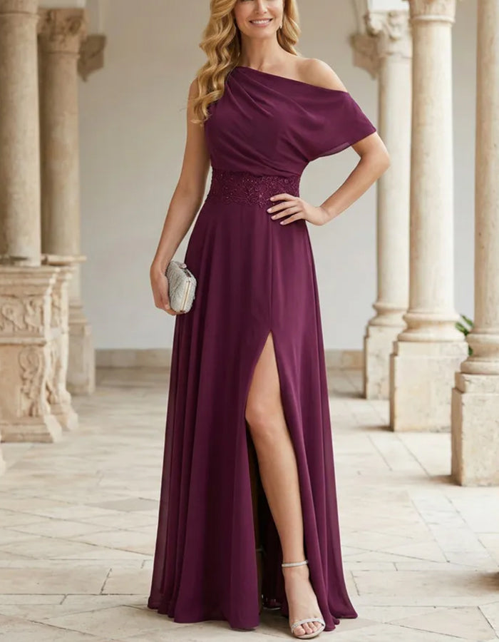 שמלת מקסי שזיף עם כתפיים חשופות, צוואר Draped ושיפון בצורת A