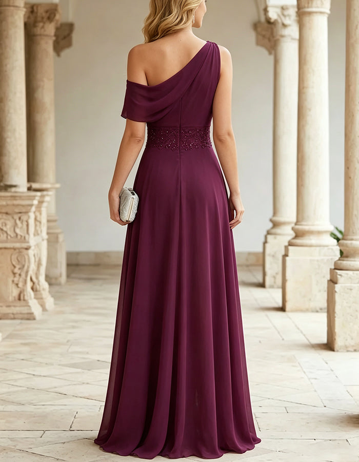 Pruimkleurige chiffon A-lijn maxi-jurk met off-shoulder en gedrapeerde hals  