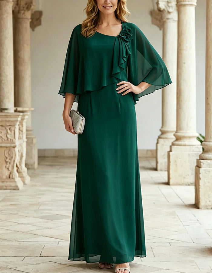 Vestido maxi rosa con cuello cuadrado partido, mangas capa y rosas 3D en el lateral de chiffon  