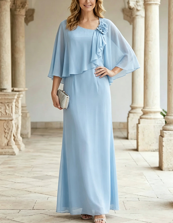 Vestido maxi rosa con cuello cuadrado partido, mangas capa y rosas 3D en el lateral de chiffon  