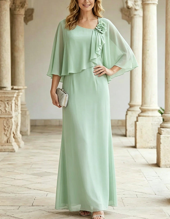 Vestido maxi rosa con cuello cuadrado partido, mangas capa y rosas 3D en el lateral de chiffon  