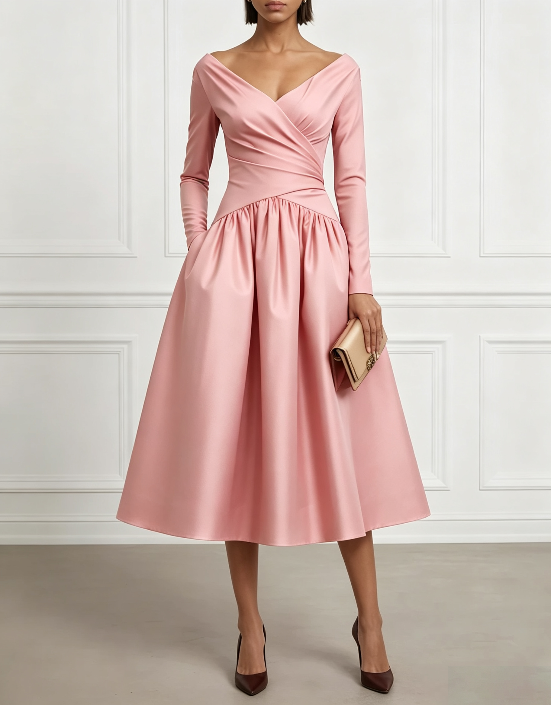 Retro Red Satin Off-Shoulder Fitted Waist Midi Dress