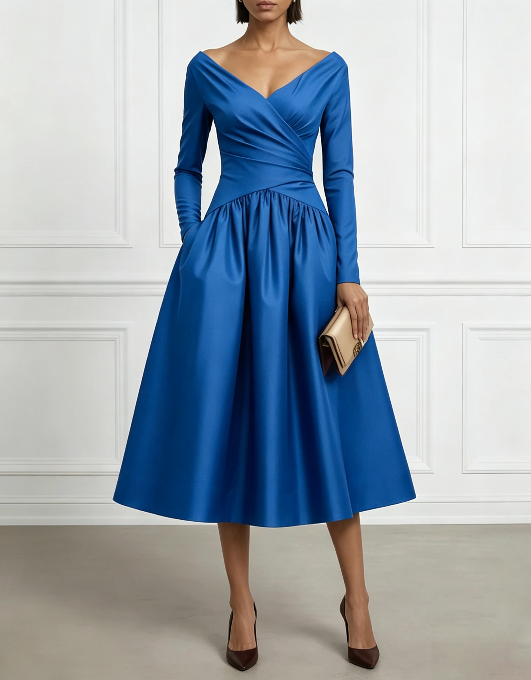 Retro Red Satin Off-Shoulder Fitted Waist Midi Dress