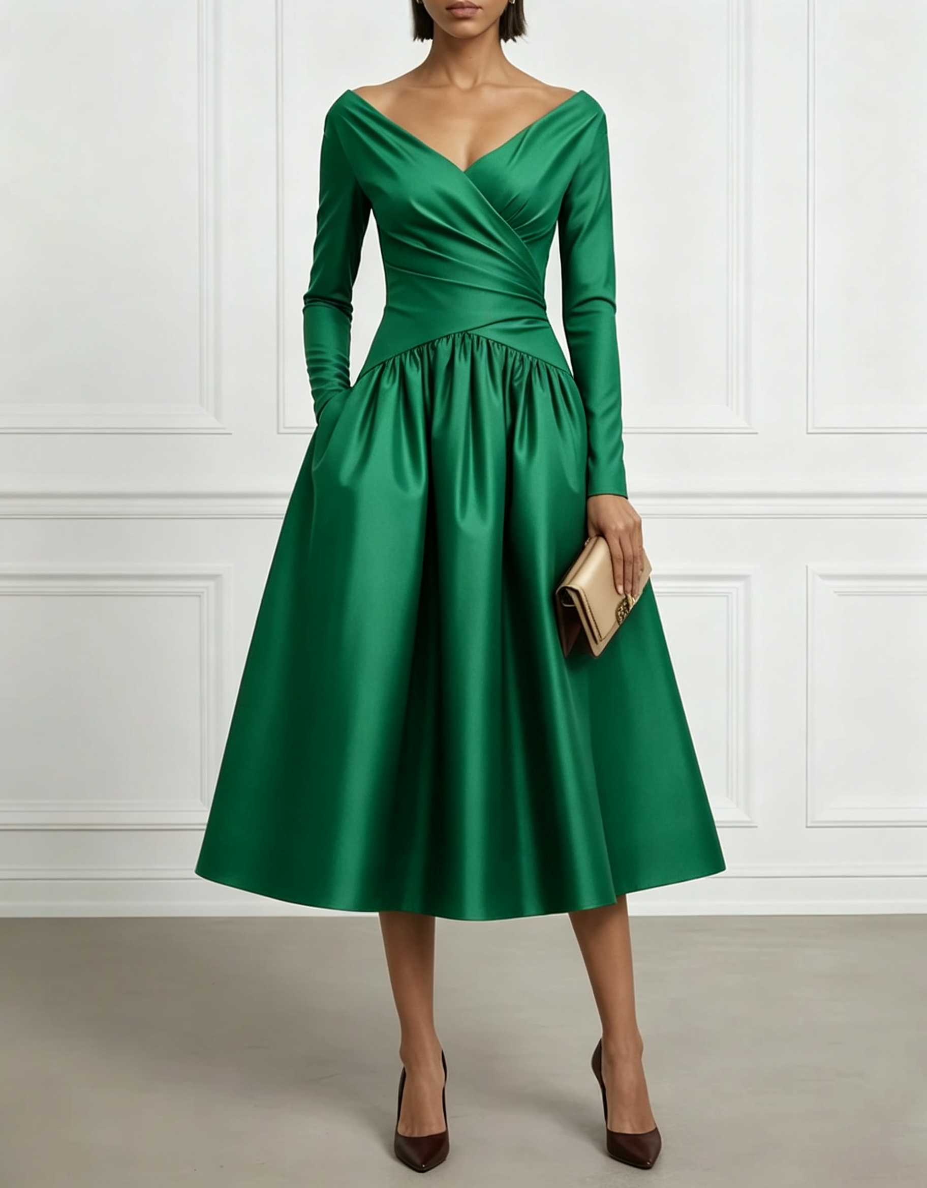Retro Red Satin Off-Shoulder Fitted Waist Midi Dress