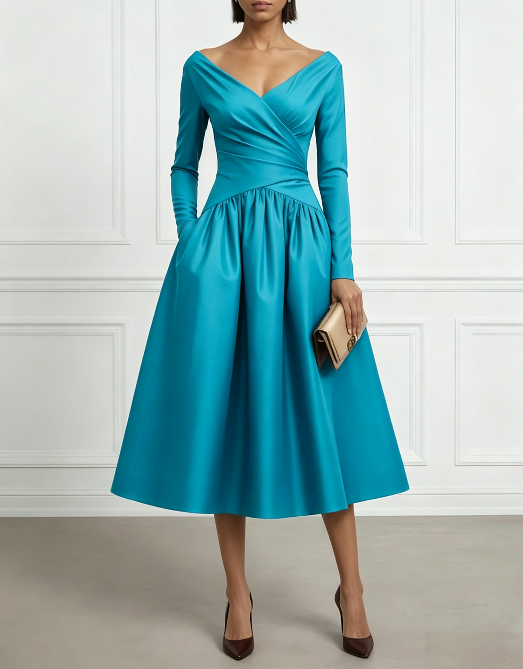 Retro Red Satin Off-Shoulder Fitted Waist Midi Dress