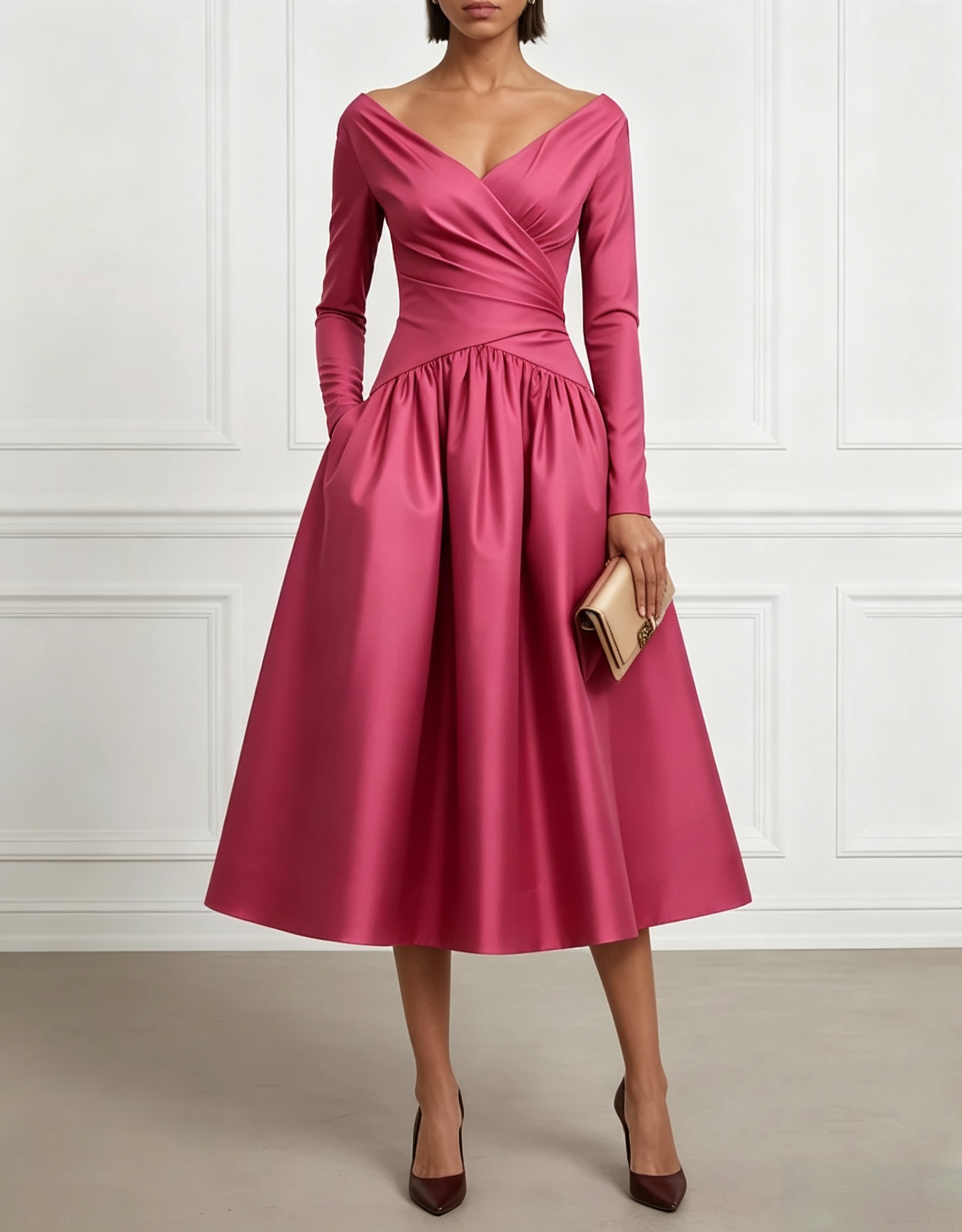 Retro Red Satin Off-Shoulder Fitted Waist Midi Dress