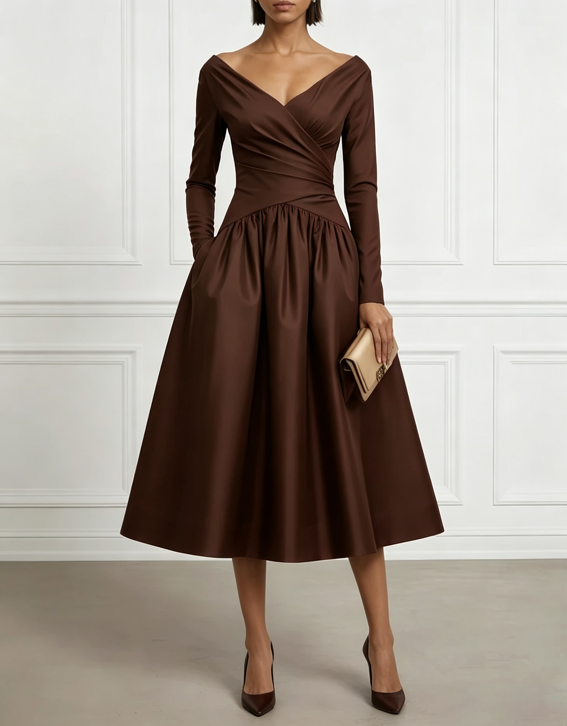 Retro Red Satin Off-Shoulder Fitted Waist Midi Dress