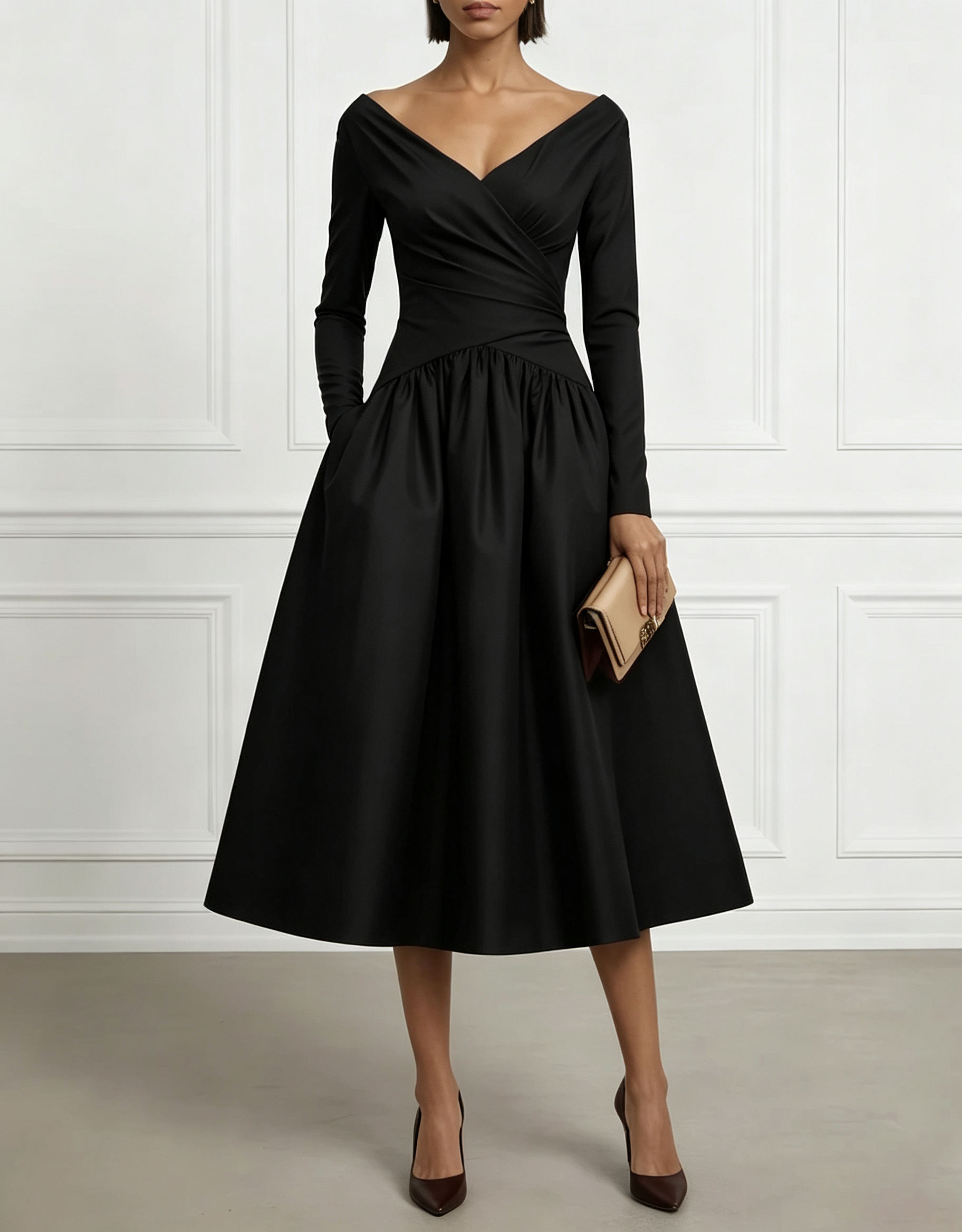 Retro Red Satin Off-Shoulder Fitted Waist Midi Dress