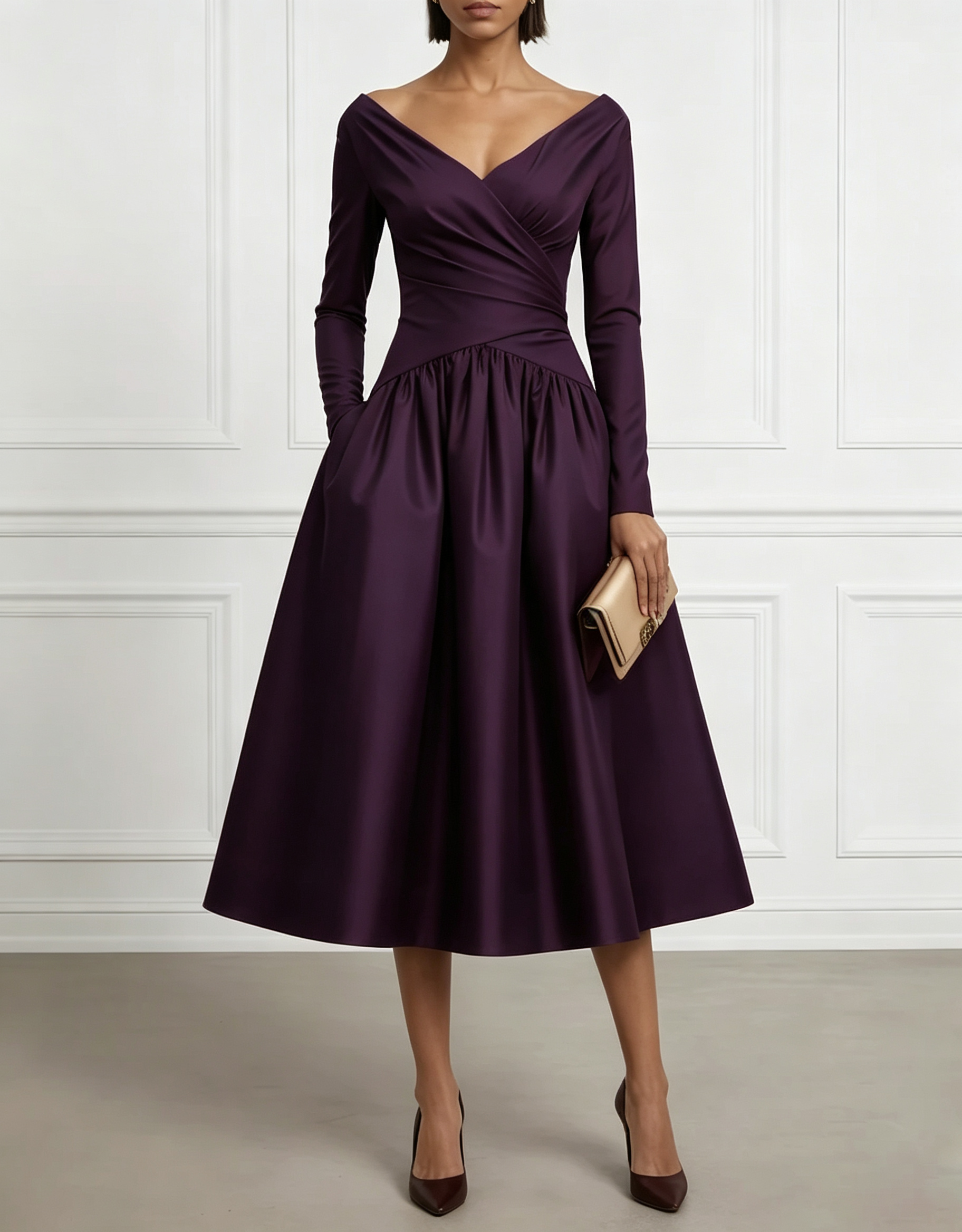 Retro Red Satin Off-Shoulder Fitted Waist Midi Dress