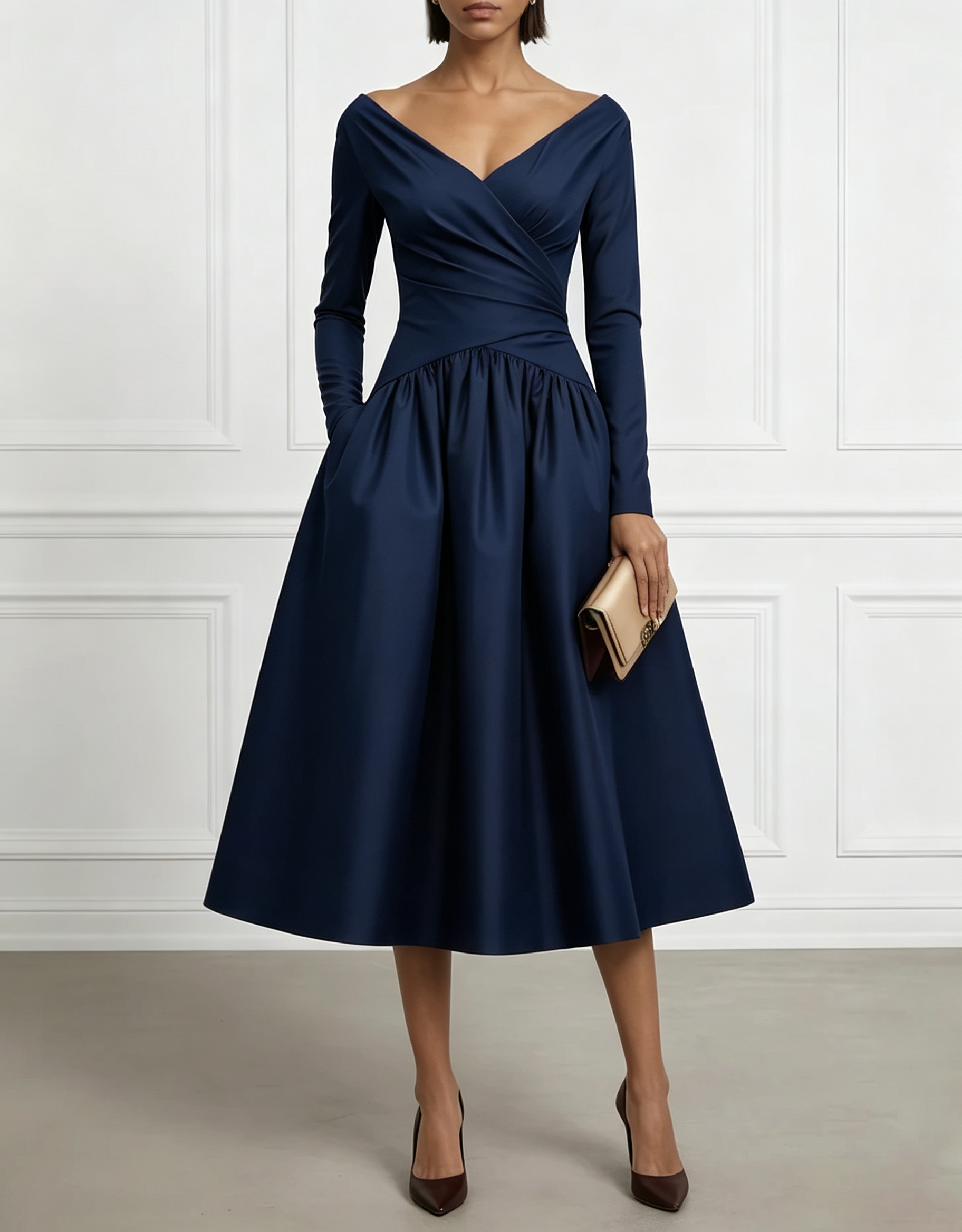 Retro Red Satin Off-Shoulder Fitted Waist Midi Dress