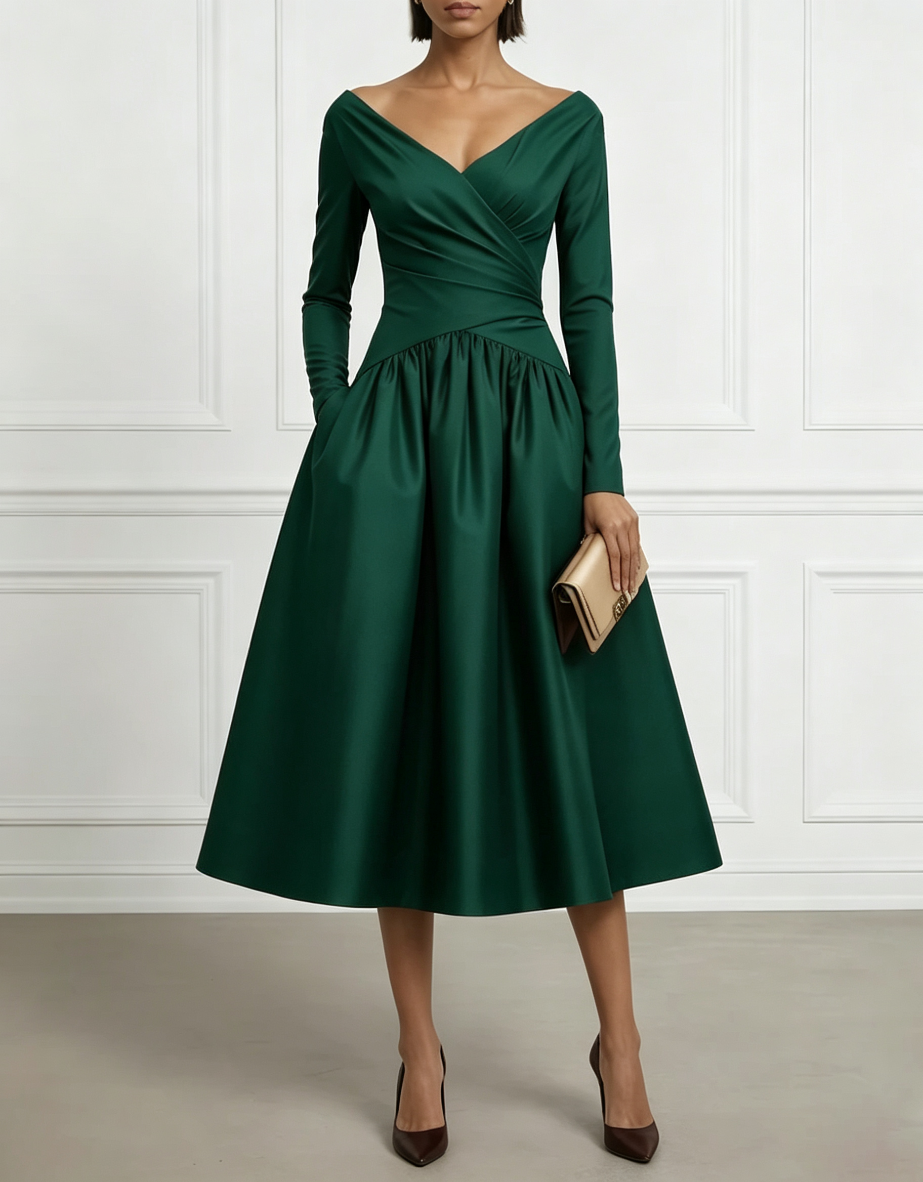 Retro Red Satin Off-Shoulder Fitted Waist Midi Dress