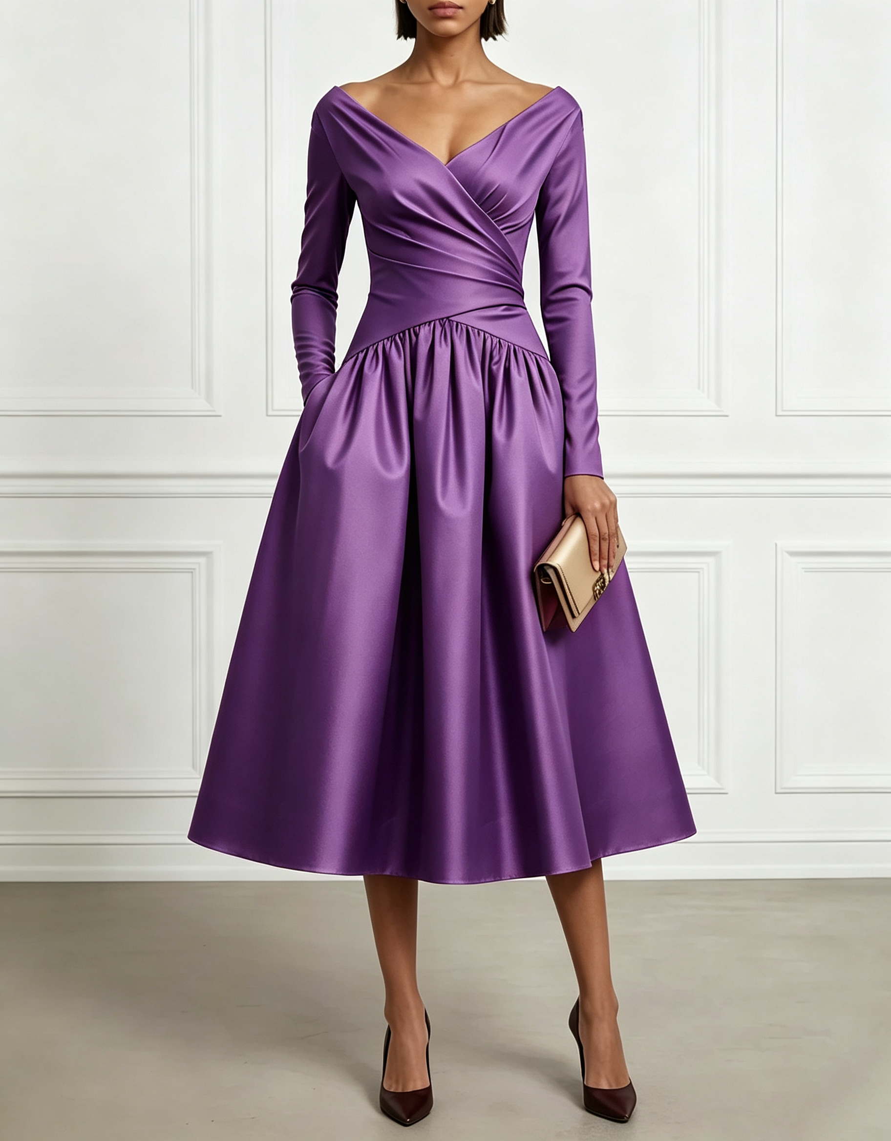 Retro Red Satin Off-Shoulder Fitted Waist Midi Dress
