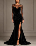 Black Velvet Mesh Round Neck Long Sleeve Maxi Dress
