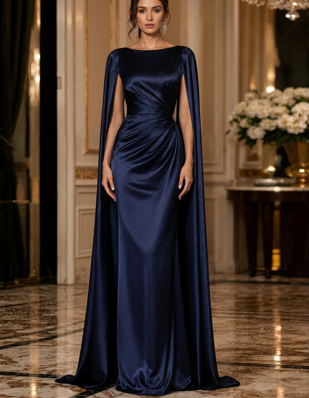 Dark Blue Satin Long Shawl Maxi Dress