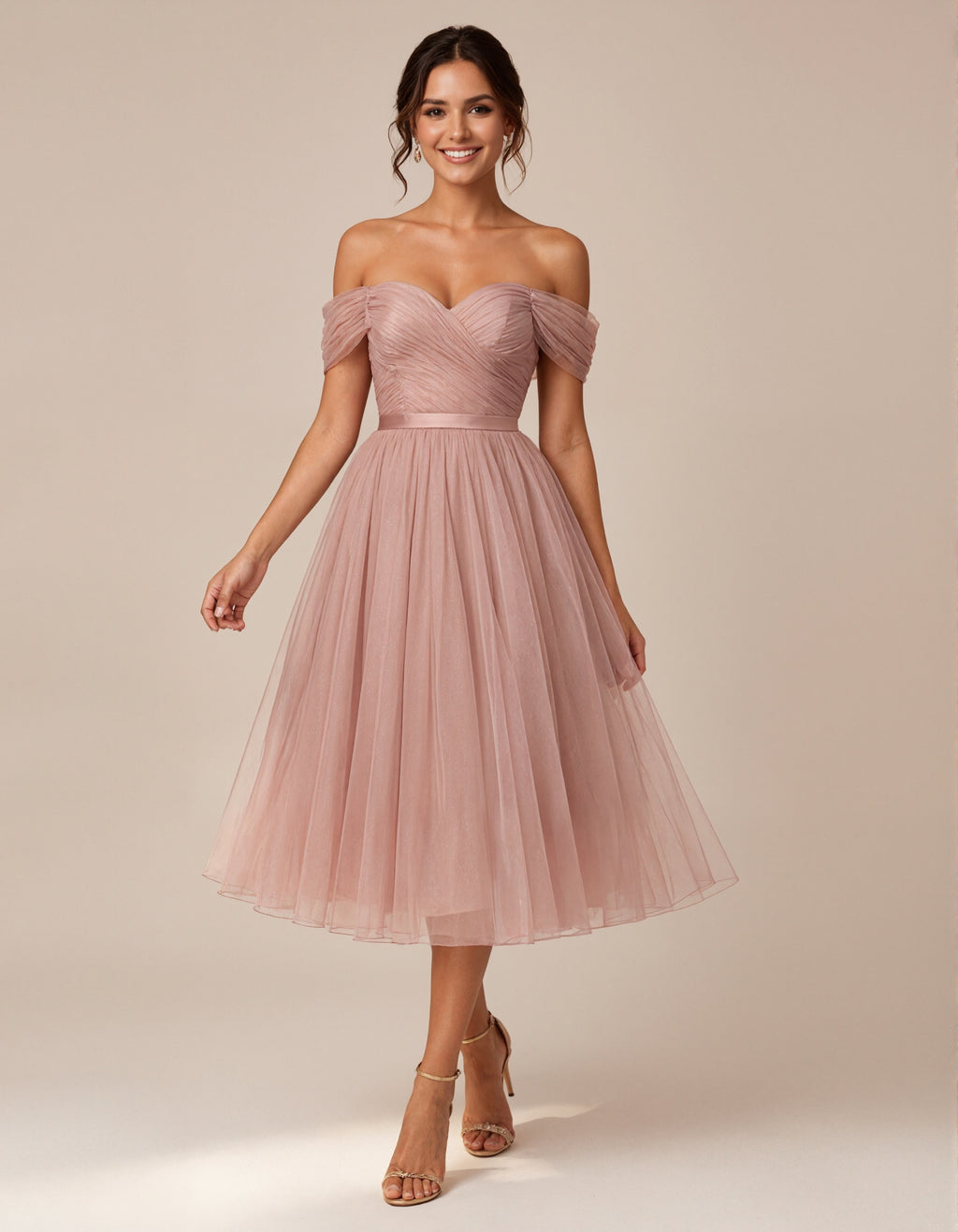 Pink Tulle Off Shoulder Midi Dress