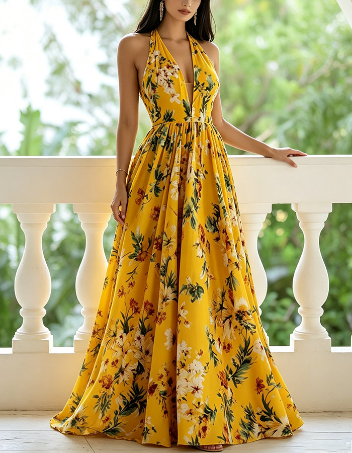 Yellow Floral Print Halter Deep V Empire Waist Flowy Chiffon Maxi Dress