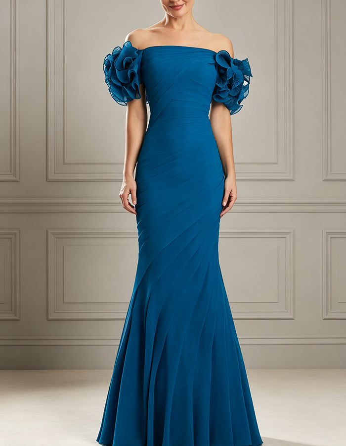 Vestido maxi justo em chiffon com mangas com folhos e franzido diagonal  