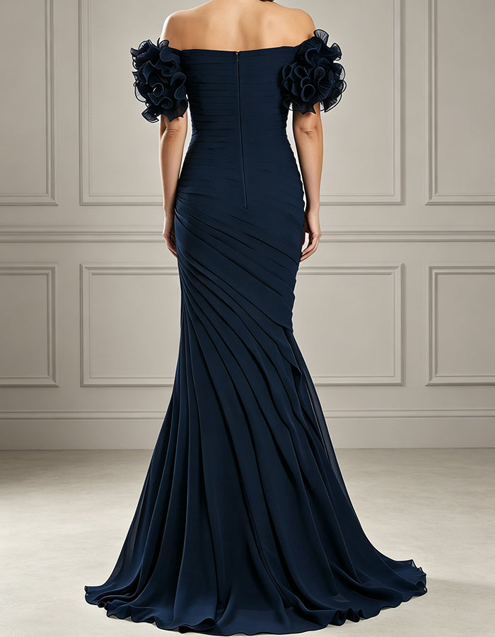Vestido maxi ajustado de chiffon con mangas de volantes y fruncido diagonal  