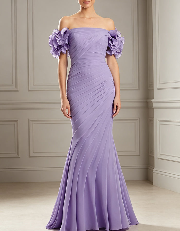 Vestido maxi justo em chiffon com mangas com folhos e franzido diagonal  