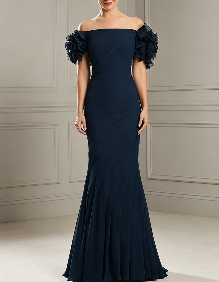 Vestido maxi justo em chiffon com mangas com folhos e franzido diagonal  