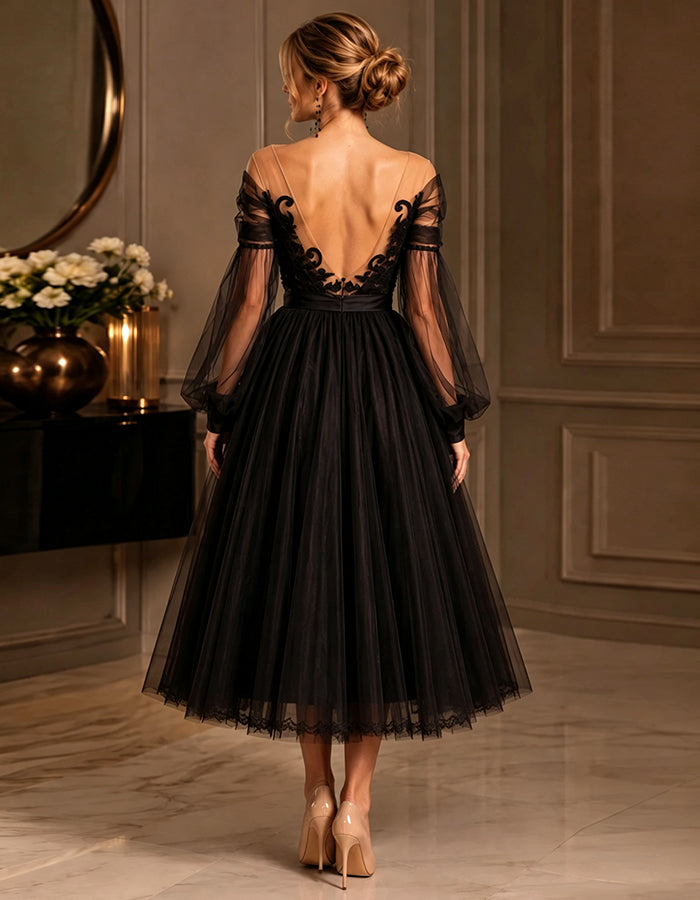 Vestido midi preto de tule leve com várias camadas e design ombro a ombro  