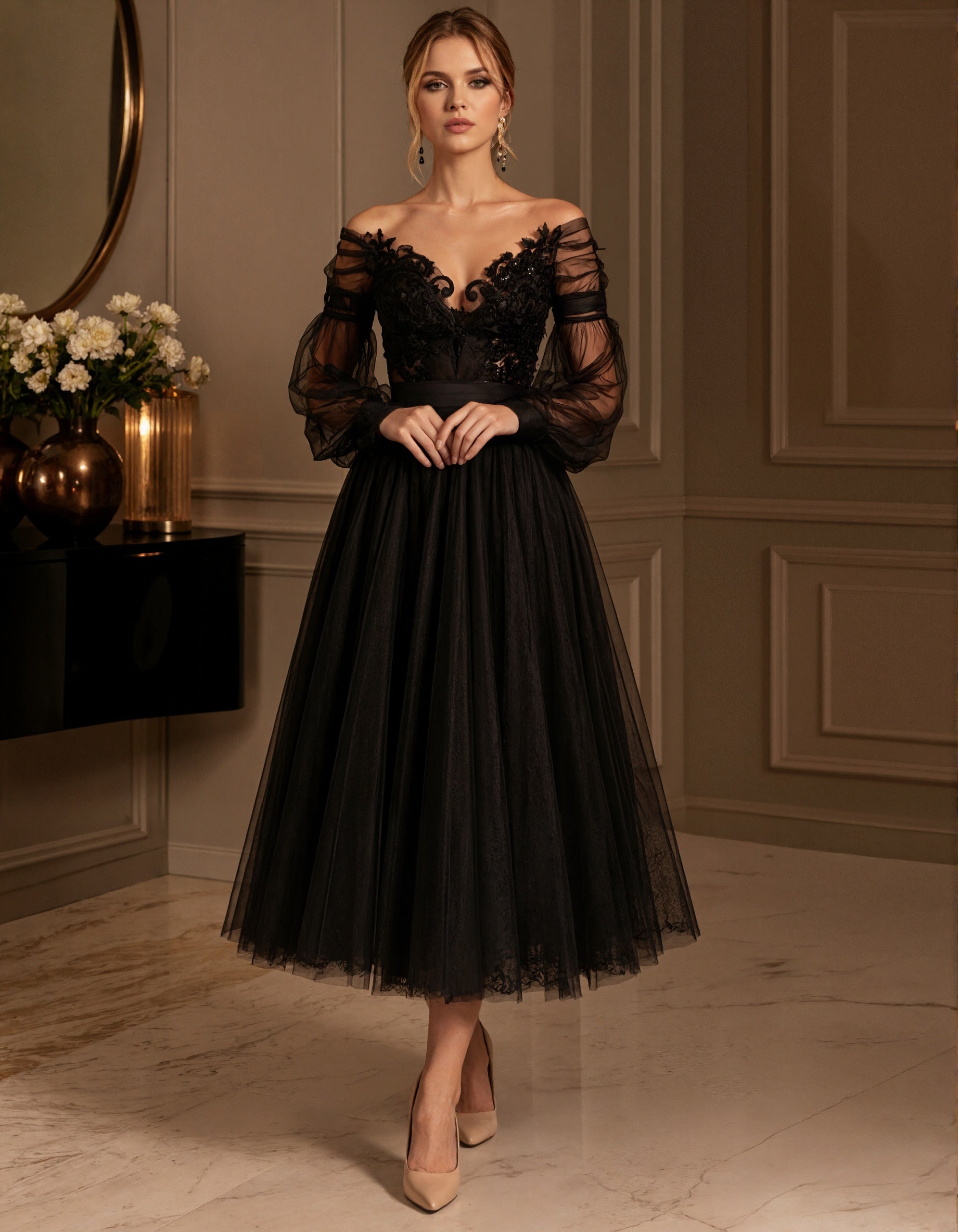 Vestido midi preto de tule leve com várias camadas e design ombro a ombro  