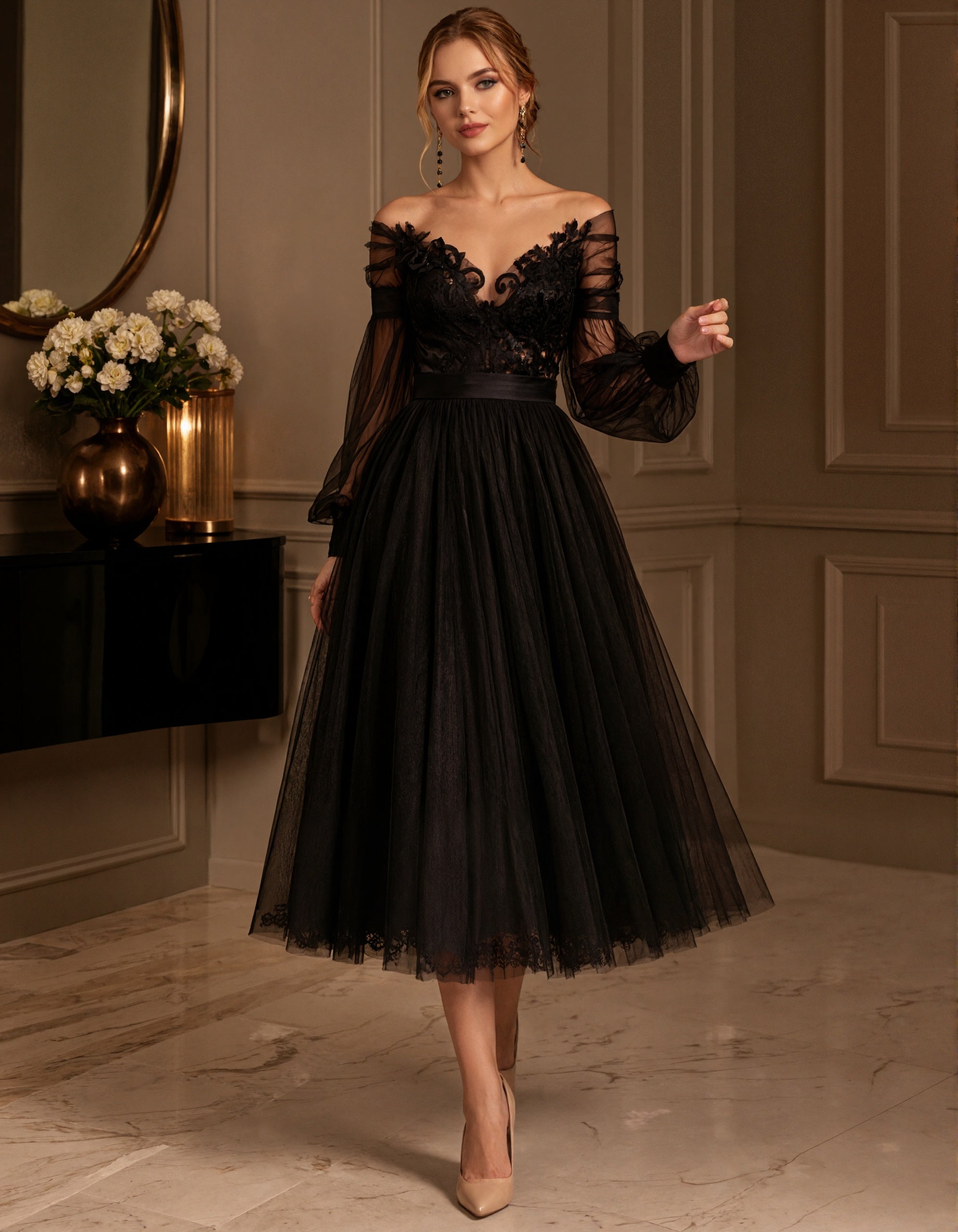 Vestido midi preto de tule leve com várias camadas e design ombro a ombro  