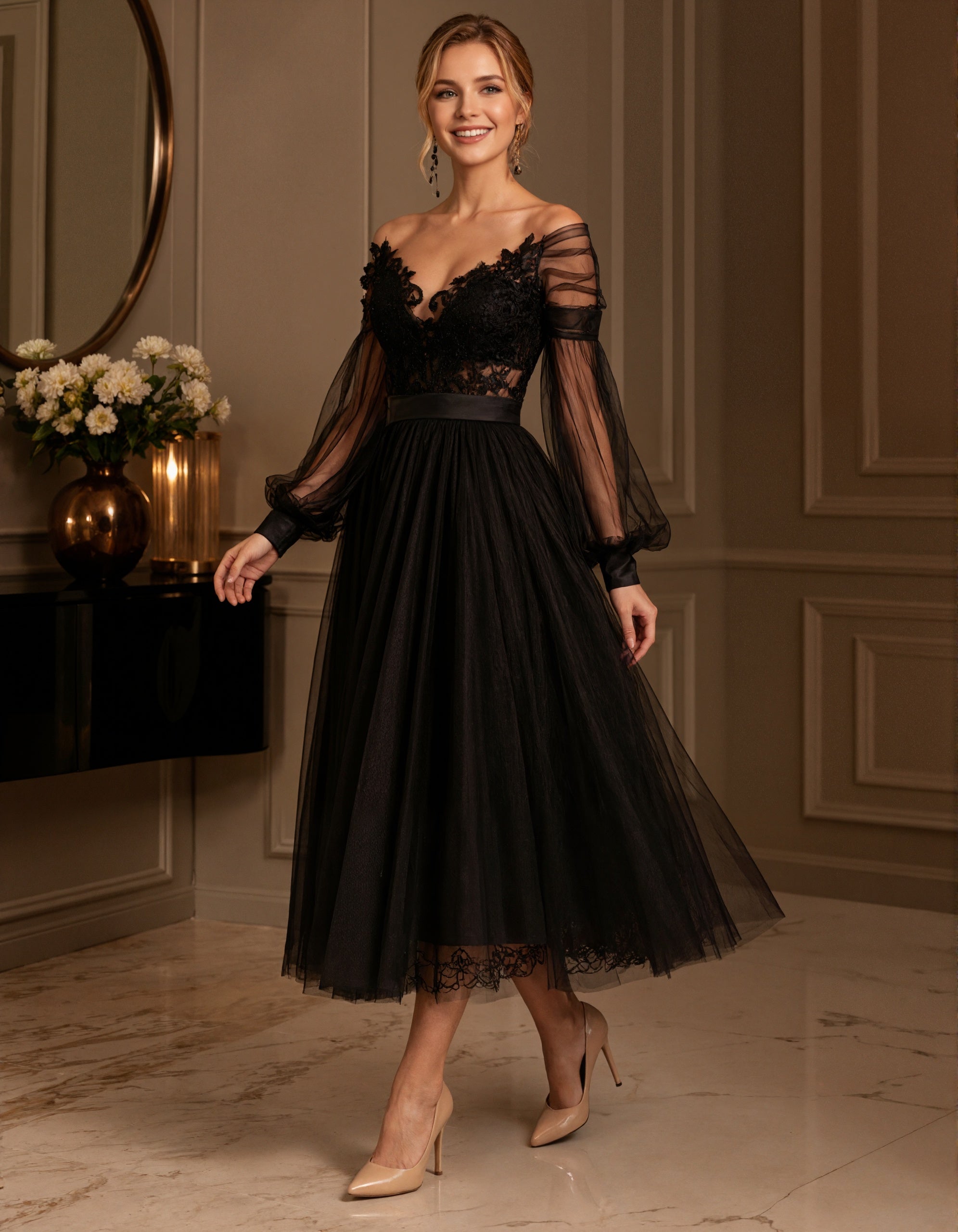 Vestido midi preto de tule leve com várias camadas e design ombro a ombro  