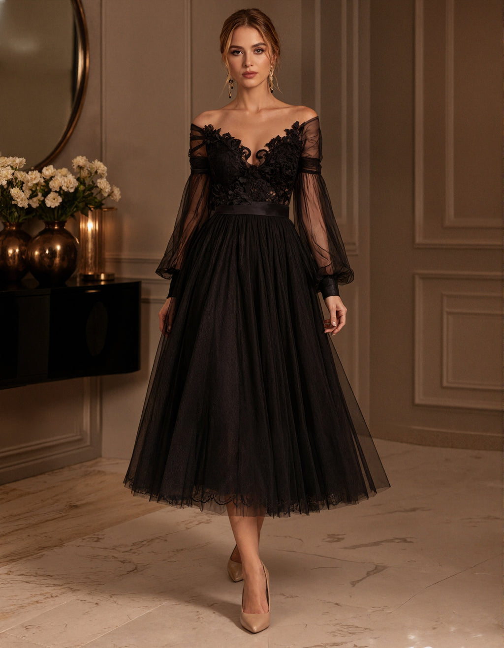 Black Multi Layered Lightweight Tulle Off Shoulder Design Midi Dress