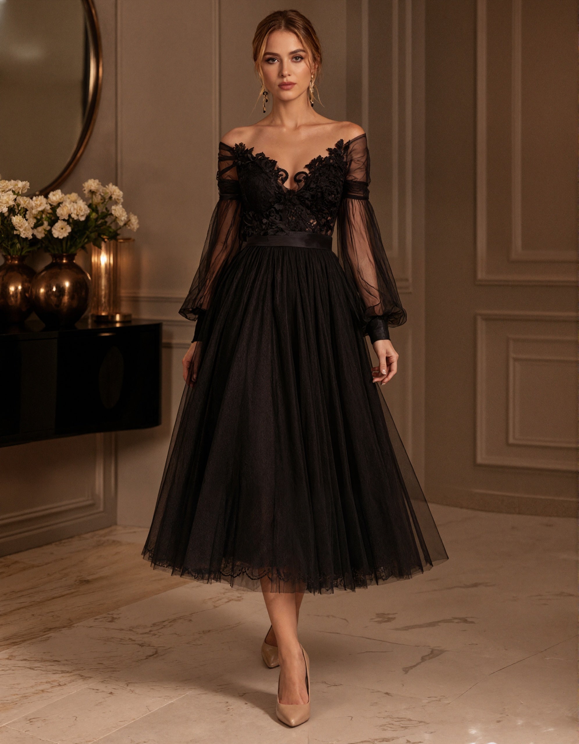 Vestido midi preto de tule leve com várias camadas e design ombro a ombro  