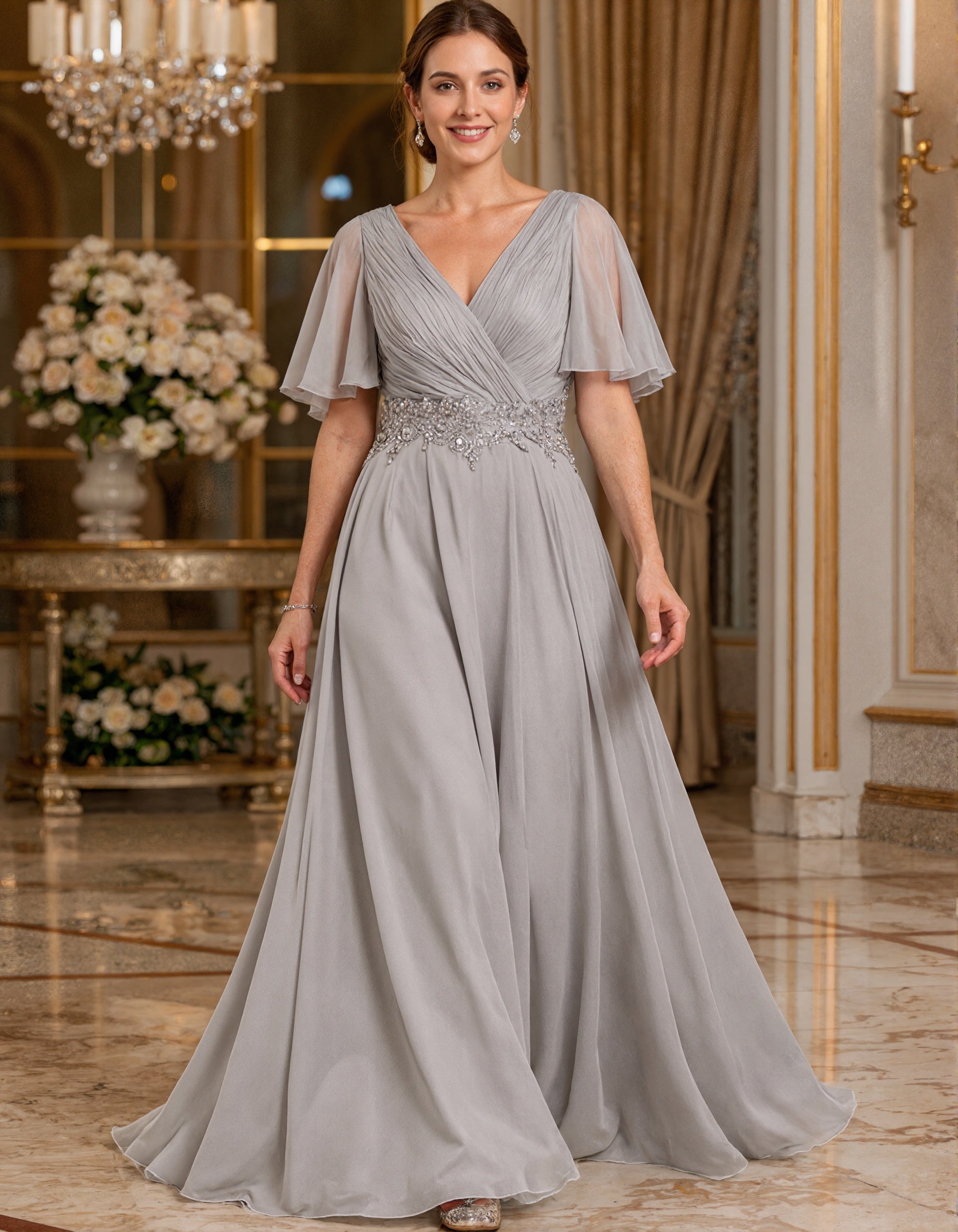 Robe longue en mousseline grise à col en V avec plis croisés et manches courtes à volants  