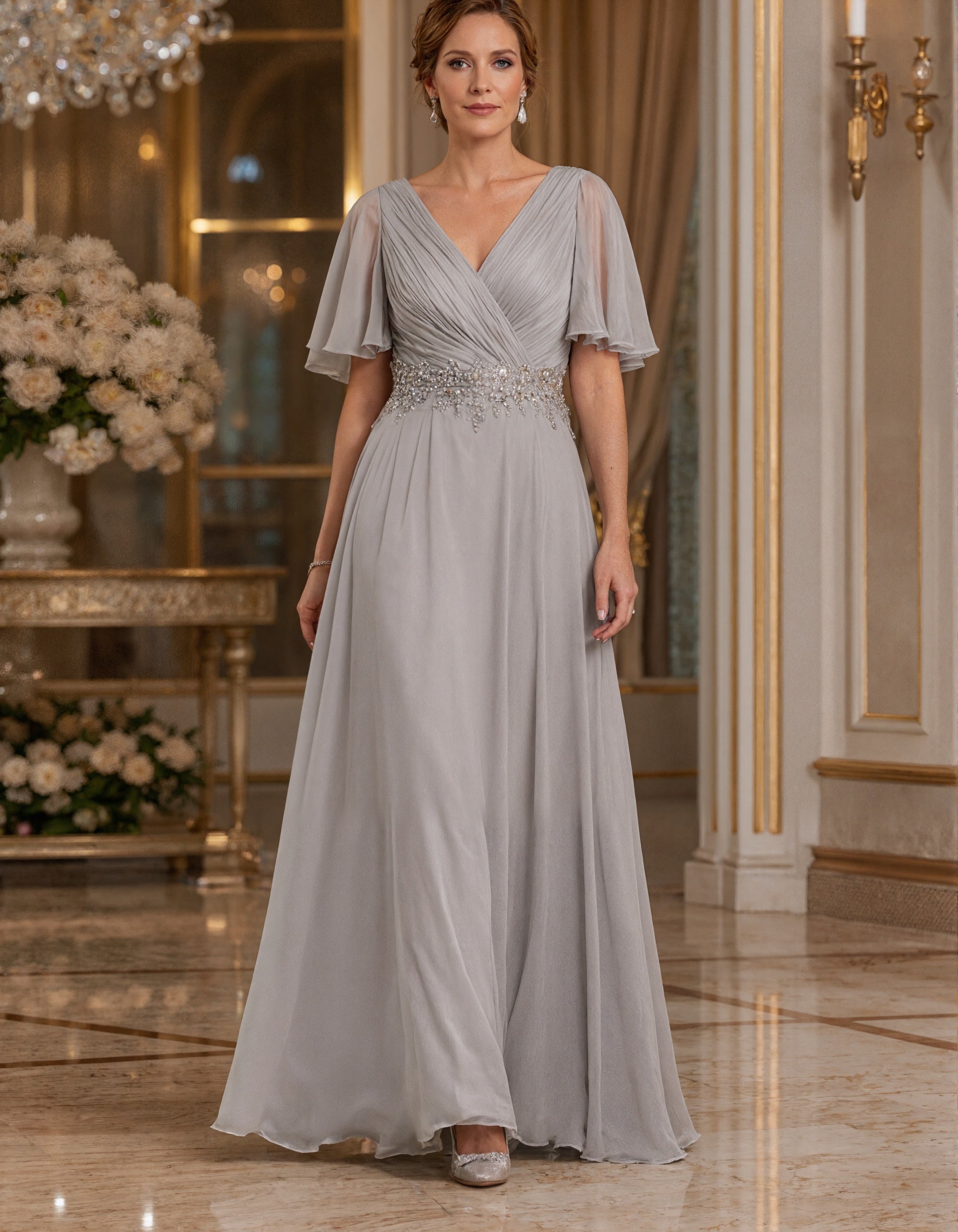 Robe longue en mousseline grise à col en V avec plis croisés et manches courtes à volants  