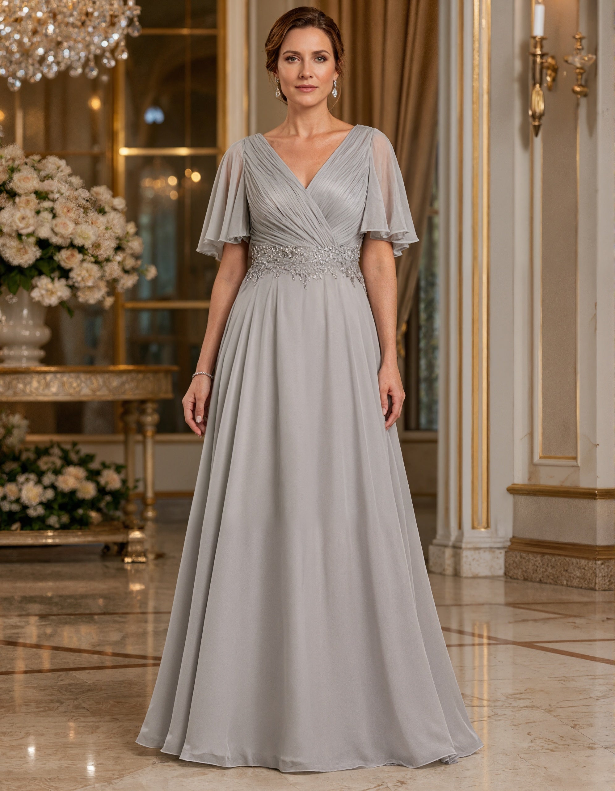 Robe longue en mousseline grise à col en V avec plis croisés et manches courtes à volants  