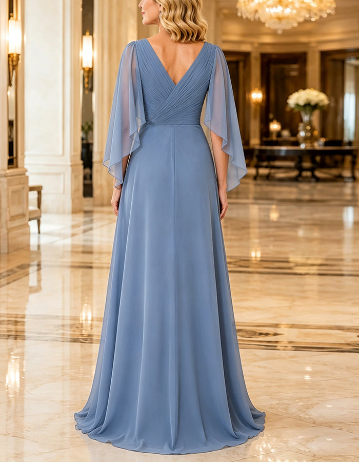 Robe longue en mousseline gris bleu à col en V avec plis croisés et style châle  