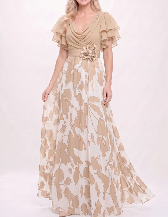 Vestido maxi com decote drapeado, mangas duplas com folhos e flores 3D em chiffon  